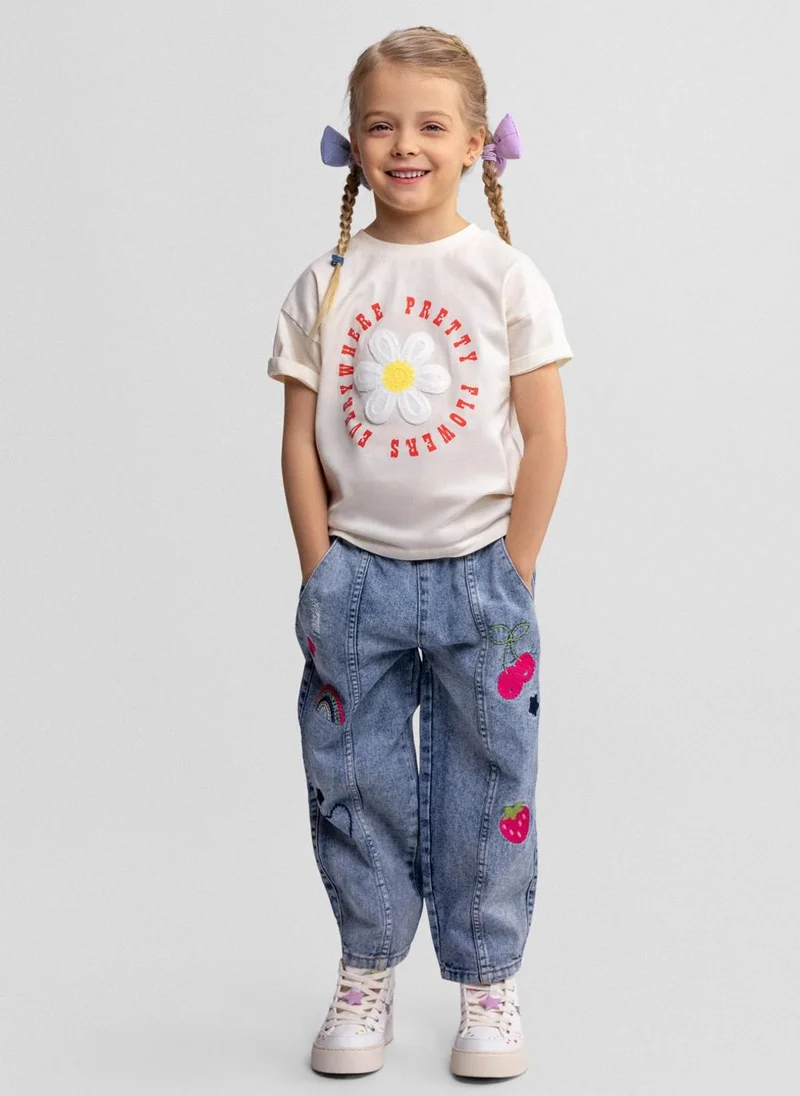 MINOTI Girls barrel shape jeans blue denim embroidered detail